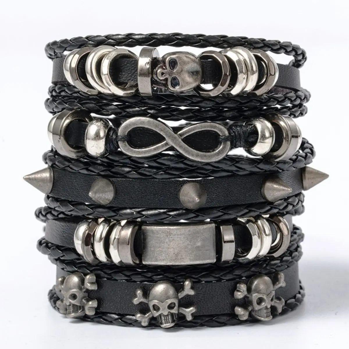 6 Stück/Set schwarzes Punk-Armband mit Totenkopf- und Sternform aus Legierung und Pu-Leder So ist Leben
