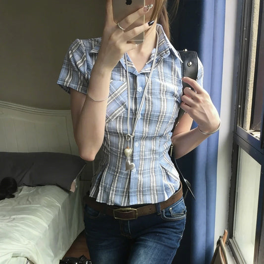 Genayooa Y2k Vintage-Shirt für Damen, kurzärmelig, karierte Bluse und Hemd, japanische 2000er-Jahre-T-Shirt-Tops, Streetwear, amerikanische Retro-Shirts So ist Leben