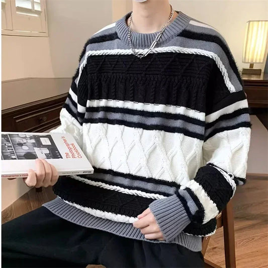 Winter Y2K Vintage Gestreifter Pullover Für Mann 2025, Neue Patchwork Baggy Gestrickte Pullover Koreanische Mode Streetwear Strickwaren Jersey So ist Leben