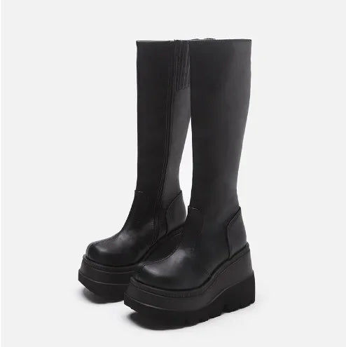 Heißer Verkauf der Saison, Gothic-Stil, dicker Boden, Stiefeletten, Motorrad-Ritterstiefel, nicht über dem Knie, großer Kopf, schlanke, hohe Röhrenstiefel So ist Leben