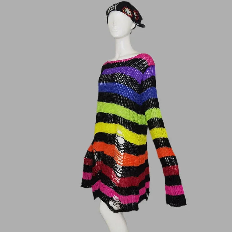 Goth Punk Gothic Pullover Übergroße Pullover Frauen Gestreiften Cool Aushöhlen Loch Gebrochen Jumper Harajuku Ästhetik Pullover So ist Leben