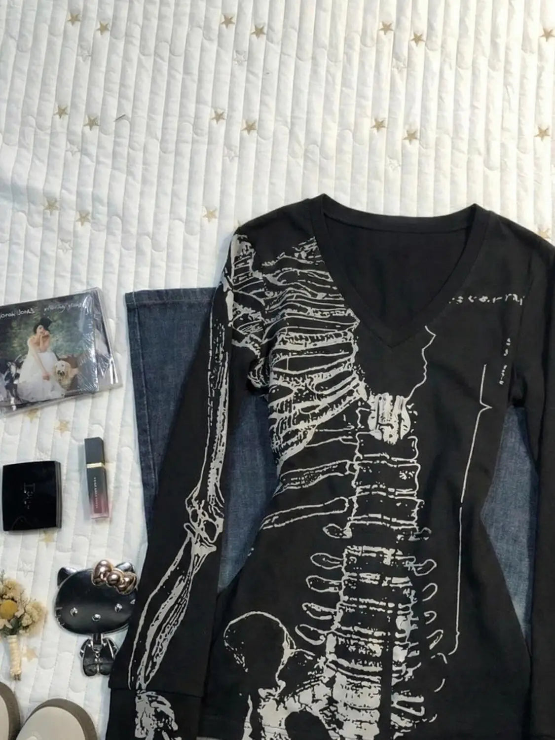 Vintage Totenkopf-Print T-Shirt Y2k 90er Jahre Langarm Goth Punk Ästhetik Harajuku Damenkleidung V-Ausschnitt Slim Hot Girl Grunge Emo Tees So ist Leben