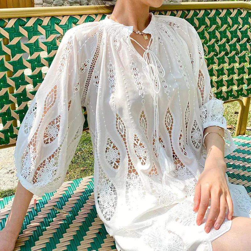 Stickerei Sommer Lose Frauen Bluse Blau Weiß Tops - So ist Leben