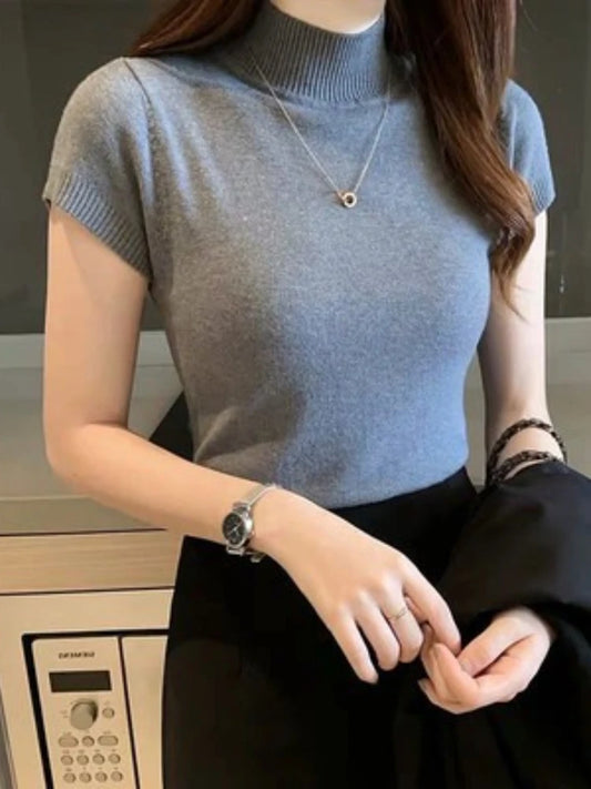 2025, mode Frau Pullover Kurzarm Herbst Tops Frauen Rollkragen Gestrickte Pullover Koreanischen Stil Elegante Feste Dünne Tops So ist Leben