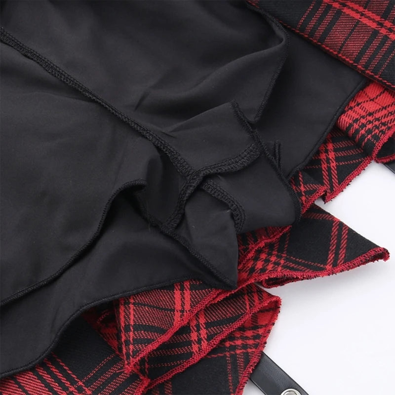 Damen Gothic-Minirock mit Ösen, Bandagen, Karomuster, gestuft, plissiert, A-Linie So ist Leben