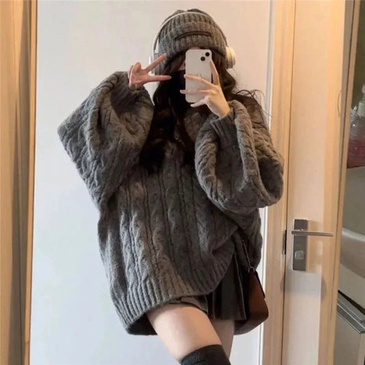 Herbst Winter Frauen Pullover Harajuku Übergroßen Gestrickte Pullover Koreanische Langarm V-ausschnitt Strickwaren Preppy Solide Lose Jumper So ist Leben