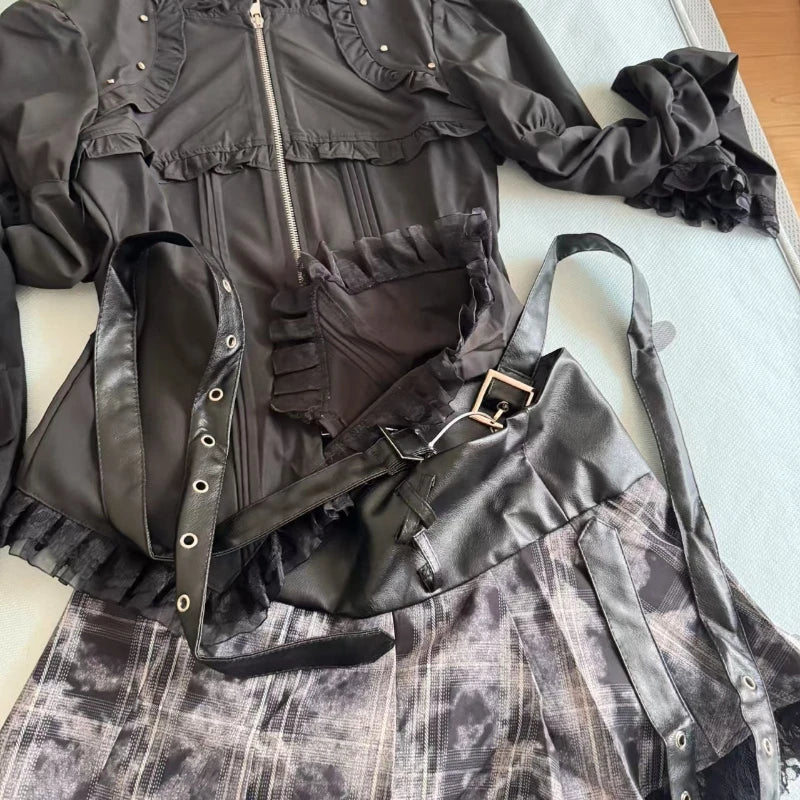 Japanischer Gothic-Lolita-Stil Rock-Sets für Damen, Vintage-Flare-Ärmel, schmales Hemd, dunkler Druck, plissierte Miniröcke, Y2K-Outfits für Frauen So ist Leben