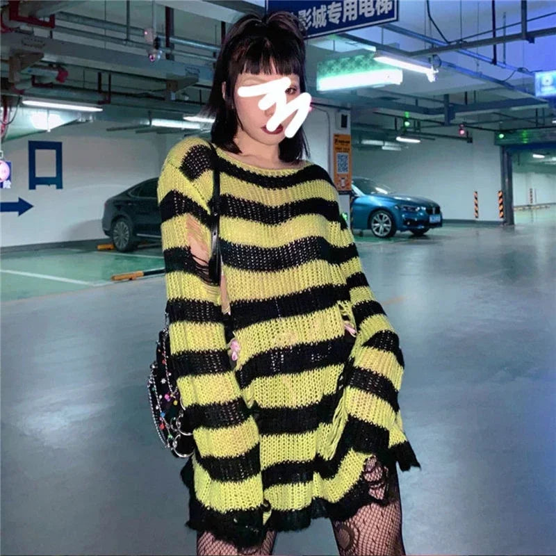 Goth Punk Gothic Pullover Übergroße Pullover Frauen Gestreiften Cool Aushöhlen Loch Gebrochen Jumper Harajuku Ästhetik Pullover So ist Leben