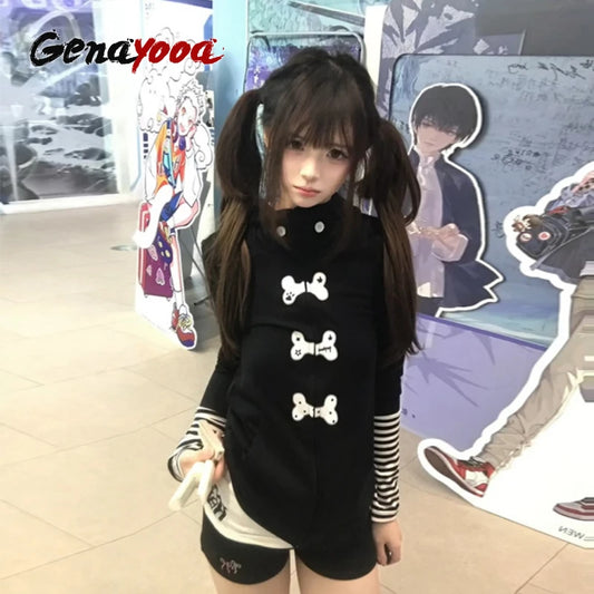 Genayooa Y2k Japanische Kapuze Frauen Patchwork Druck Sweatershirt Pollovers Streetwear Vintage Grunge Tops Winter Mäntel Fairycore So ist Leben
