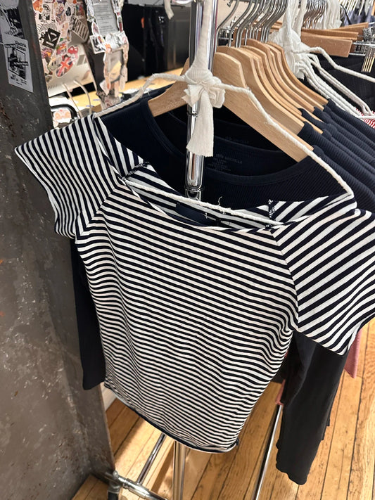 Gerollt Slash Neck Gestreiftes T-Shirt Frauen Sommer Kurzarm Casual Tees Tops Mode Y2K Dünnes T-shirt T-Shirts 2025 So ist Leben
