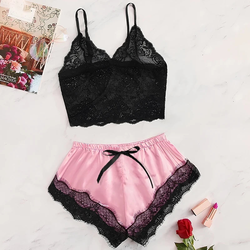 1Damen 2-teiliges sexy Spitzen-Pyjama-Set, durchsichtiges Bralette, Cami-Top und Shorts, atmungsaktive Nachtwäsche, Sommer-Dessous in Übergröße So ist Leben