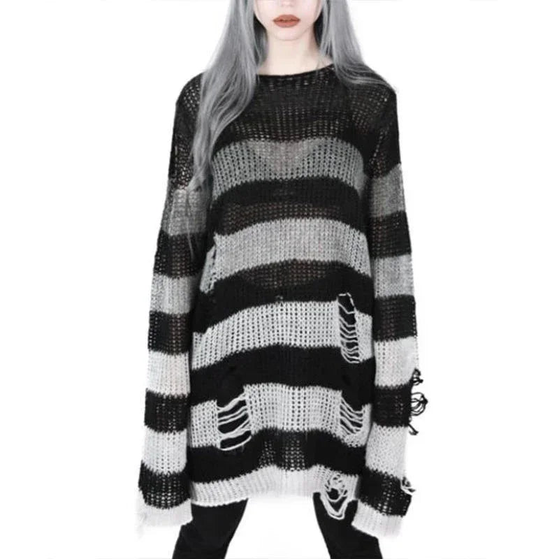 Goth Punk Gothic Pullover Übergroße Pullover Frauen Gestreiften Cool Aushöhlen Loch Gebrochen Jumper Harajuku Ästhetik Pullover So ist Leben