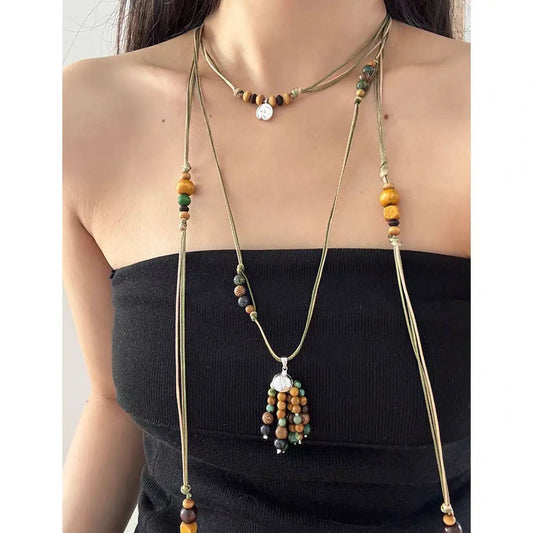 Quasten-Halskette im ethnischen Stil, modisches böhmisches Design, Vintage-Pullover-Kette mit Fruchtmuster, Holzperlen, normale Kette So ist Leben