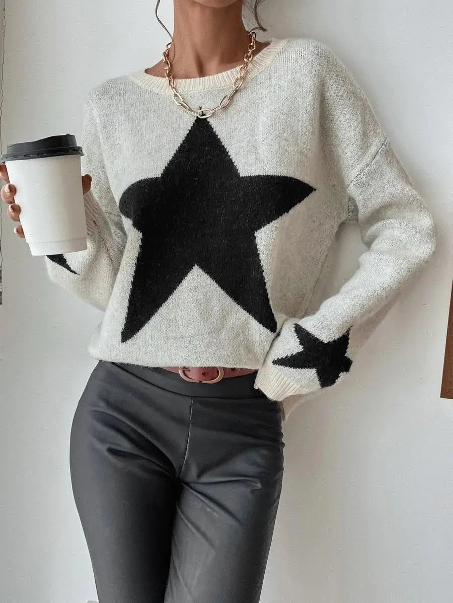 Stern Pullover Pullover Frauen Herbst Frühling Einfache Strick Elastische Pullover Jumper Casual Dicke Warme Schwarz Weiß Grundlegendes Jumper So ist Leben
