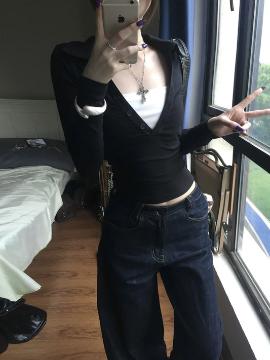 Genayooa American Retro Fake Two Pieces Tops Langarm Skinny Y2k Japanisches T-Shirt Damen Herbst 2000er Grunge Tops T-Shirt E-Girls So ist Leben