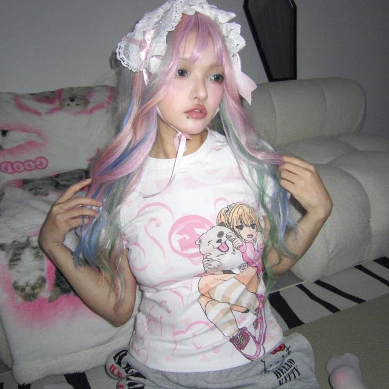 Y2K T‑Shirt mit Cartoonprint im japanischen Stil - So ist Leben