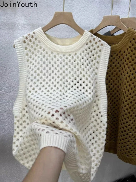 Vintage Stricken Pullover Weste frauen Kleidung Oansatz Ärmel Lose Tanks Aushöhlen Casual Chic Crop Tops 2025, Ropa Mujer So ist Leben