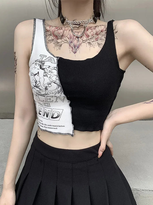 Punk Stil Patchwork Tank Tops Ästhetischen Brief Und Grafik Druck Frauen Crop Top Farbe Blockieren Ärmellose Streetwear So ist Leben
