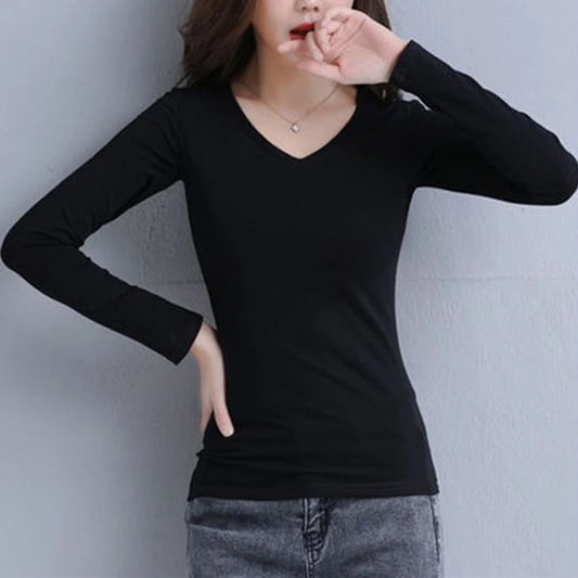 2 stücke Frauen Herbst Dünne Lange-ärmeln T-shirt Dame Thermische Unterwäsche Slim Fit Mode Neue Stil V-ausschnitt Top Schwarz weiß S-5XL So ist Leben