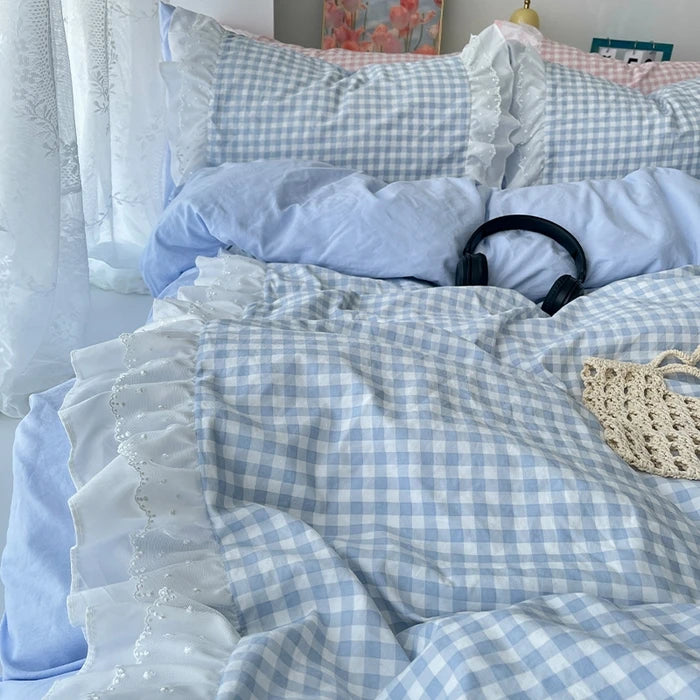 Doppelschichtige Spitzenbettwäsche im koreanischen Prinzessinnen-Stil mit Gittermuster