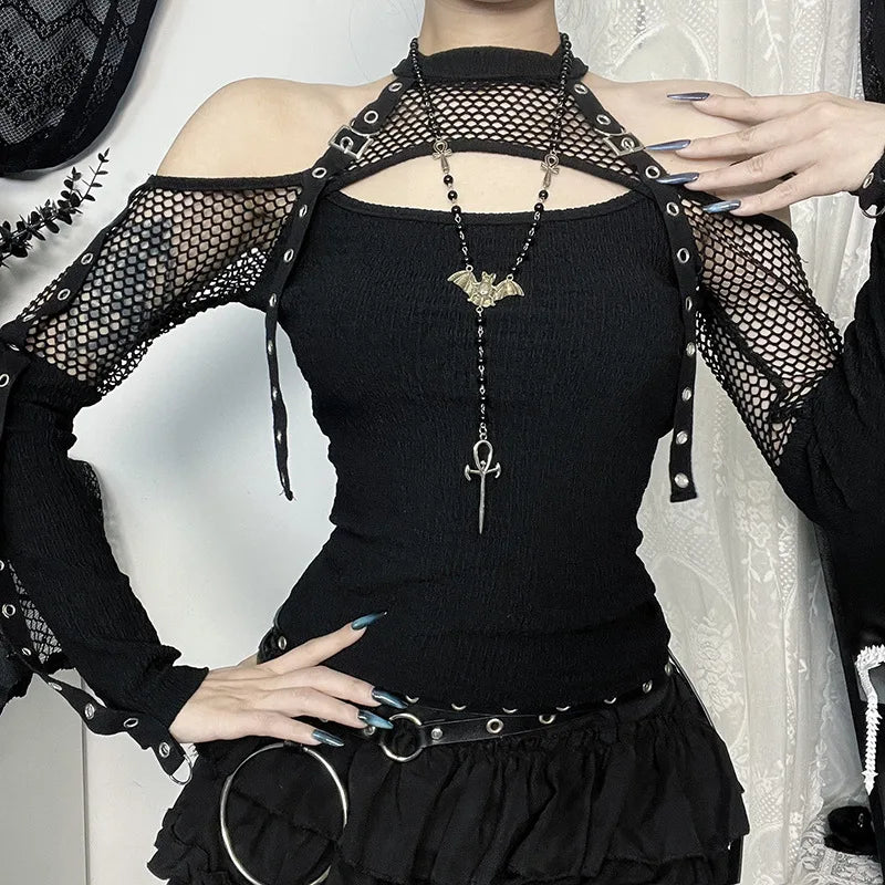 Goth Dark Punk Grunge Fishnet Patchwork Off Schulter T-shirts Trim Mais Strap Halter Tops Herbst Mall Gothic Streetwear T-shirt So ist Leben