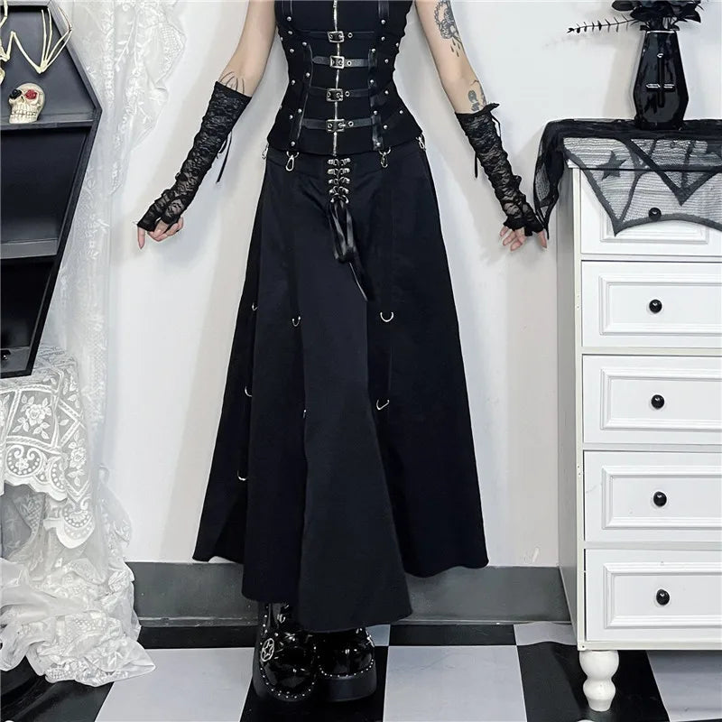 Goth Dark Acubi Mode Schwarz Swing A-linie Rock Punk Grunge Metall Schnalle Streetwear Frauen Bandage Röcke Mall Gothic Alt Tuch So ist Leben