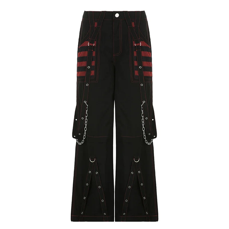 Gothic Frauen Punk Cargo Hosen Dark Academia Ästhetische Hohe Taille Baggy Hosen mit Taschen Grunge Streetwear Y2k So ist Leben