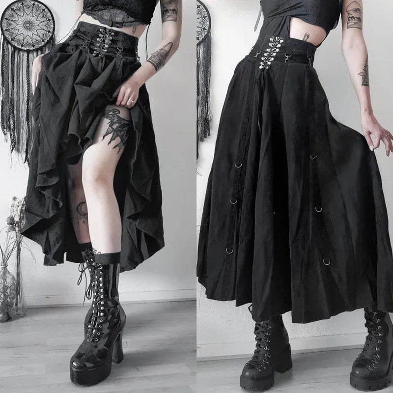 Goth Dark Acubi Mode Schwarz Swing A-linie Rock Punk Grunge Metall Schnalle Streetwear Frauen Bandage Röcke Mall Gothic Alt Tuch So ist Leben