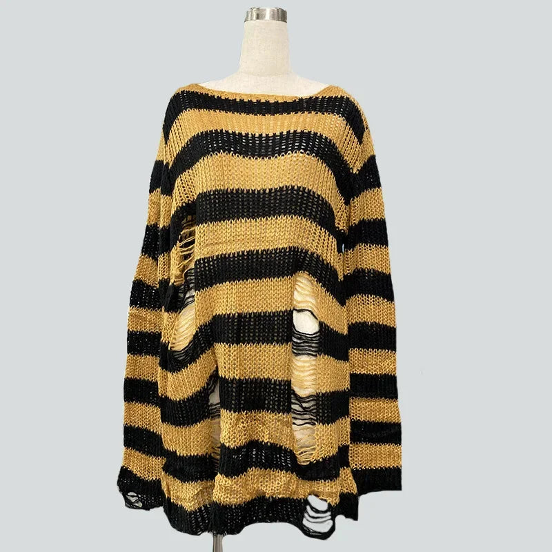Goth Punk Gothic Pullover Übergroße Pullover Frauen Gestreiften Cool Aushöhlen Loch Gebrochen Jumper Harajuku Ästhetik Pullover So ist Leben