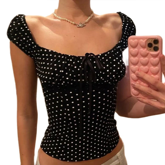 Teen Girl 00er Retro süßes T-Shirt mit quadratischem Kragen Polka Dot Milkmaid Baby Tees Coquette Vintage Cap Sleeve Crop Tops Y2k Tank Weste So ist Leben