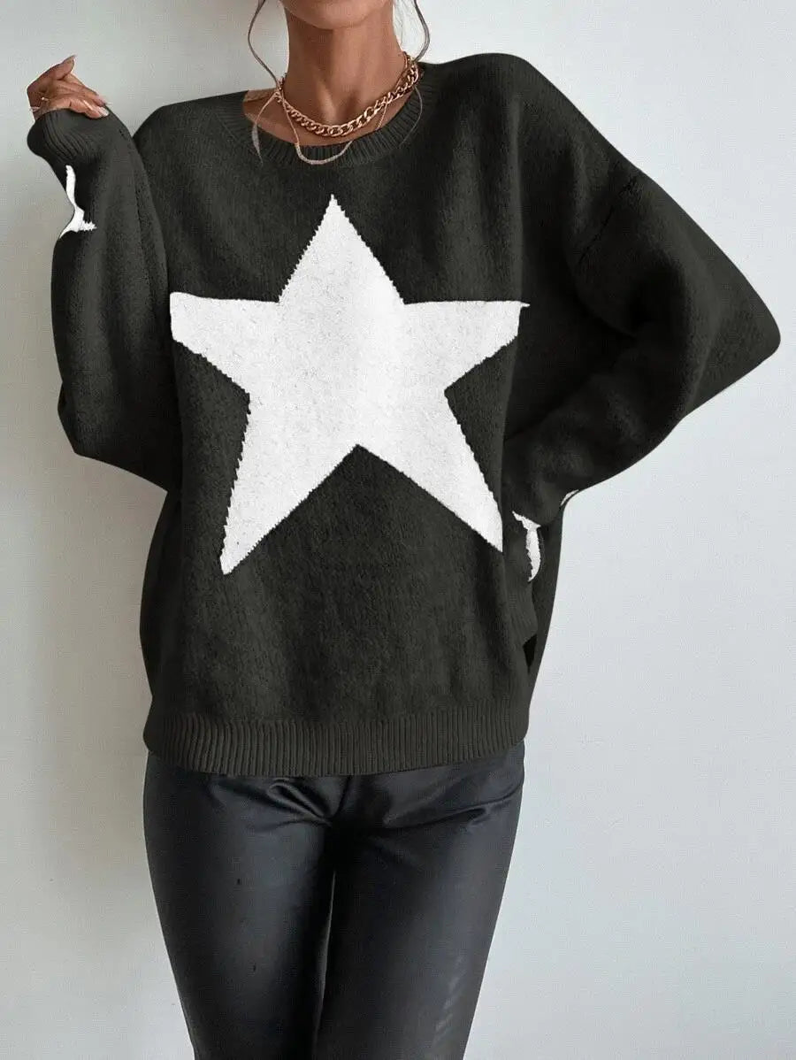 Stern Pullover Pullover Frauen Herbst Frühling Einfache Strick Elastische Pullover Jumper Casual Dicke Warme Schwarz Weiß Grundlegendes Jumper So ist Leben
