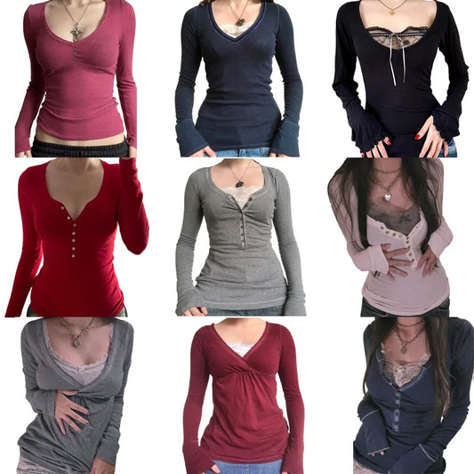 00er Jahre Retro Cottage Grunge T-Shirt Herbst gerippt gestrickt Langarm Slim Fit T-Shirts Y2K Fee 90er Jahre Vintage V-Ausschnitt Crop Tops Damen So ist Leben