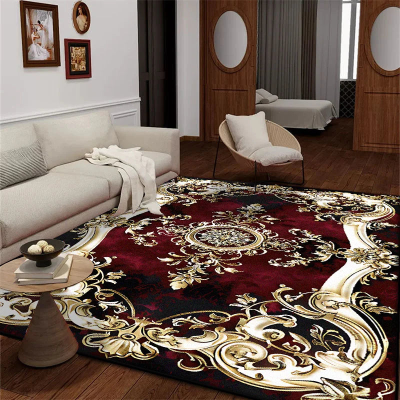 Wohnzimmer mit großem Teppich im roten Design im europäischen Stil - So ist Leben