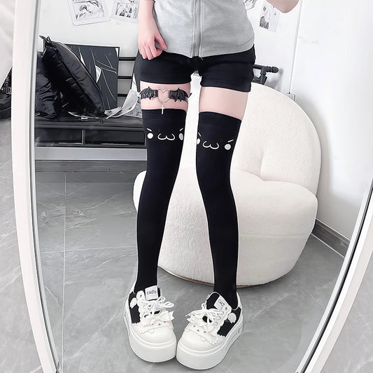 Lolita Kniestrümpfe Oberschenkelhohe Strümpfe Y2K Hosenträger Cartoon Süße Frauenstrümpfe JK Mädchen Overknee-Socken Oberschenkelhohe Socken So ist Leben
