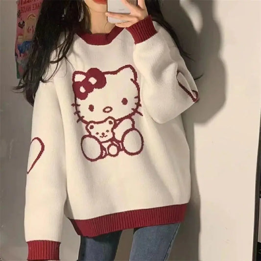 Sanrio Hello Kitty Kawaii Pullover Anime Frühling Winter Preppy Strickpullover Langarm Mädchen Oberteile Lockerer O-Ausschnitt Trend Süß So ist Leben