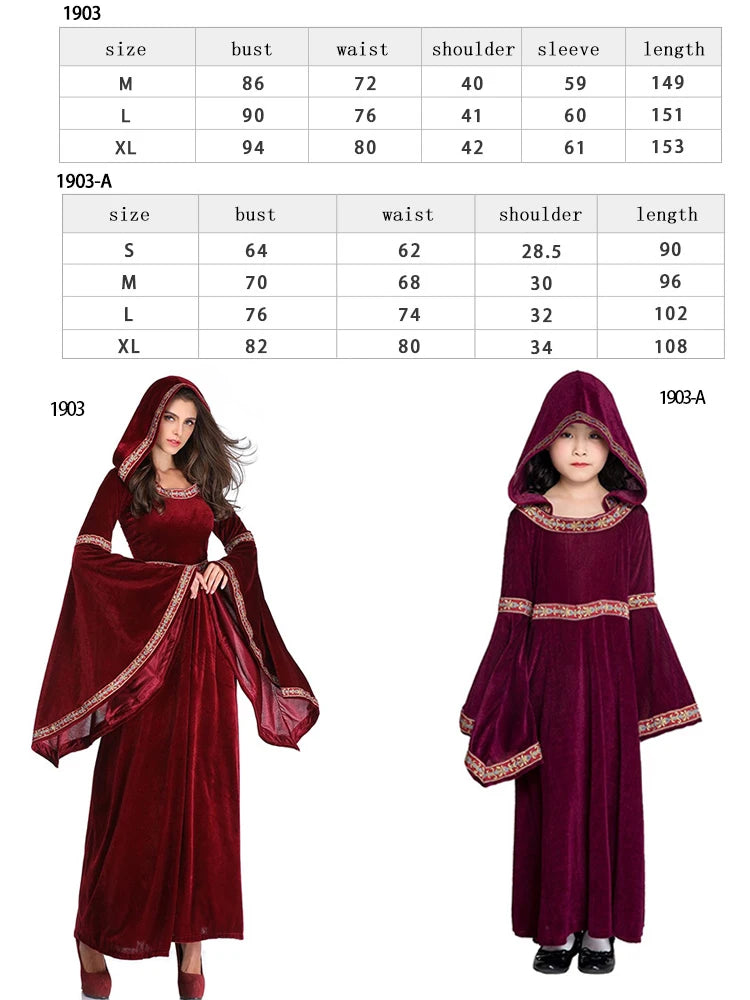 Mittelalter liches Retro viktoria nisches Kleid für Frauen Halloween Party Vampir Hexen kostüm Gothic Red Flare Ärmel Kapuze langes Kleid Vestidos So ist Leben