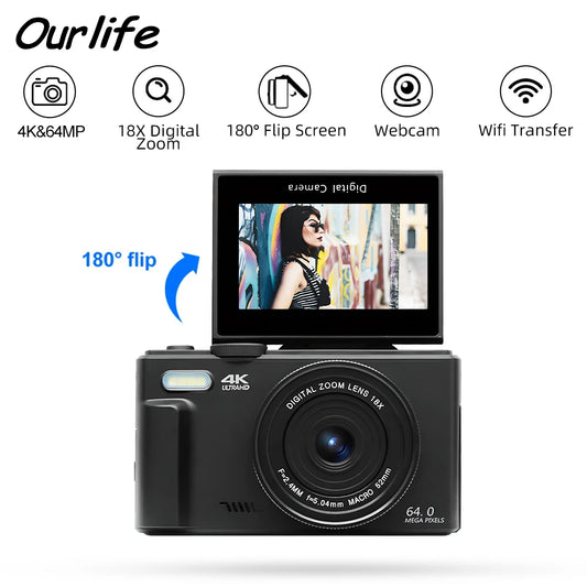 Kompakte digitale Fotokamera 4K 18X Digitalzoom Vintage Vlog Videorecorder YouTube 180 ° Flip Screen Selfile WiFi Webcam So ist Leben