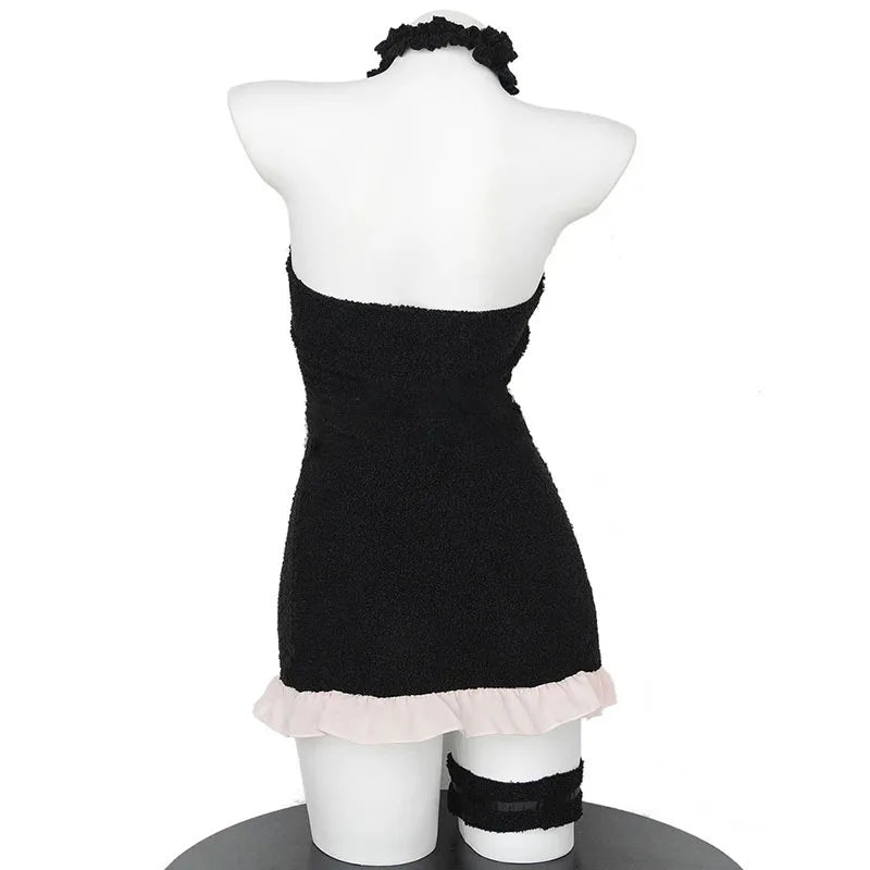 Japanische Maid Bow Plüschanzug Sexy Anime Cartoon Niedliche schwarze Katze Plüschkleid Uniform Plüsch Schatz Katze Mädchen Minikleid Cosplay So ist Leben