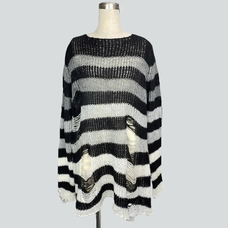Goth Punk Gothic Pullover Übergroße Pullover Frauen Gestreiften Cool Aushöhlen Loch Gebrochen Jumper Harajuku Ästhetik Pullover So ist Leben