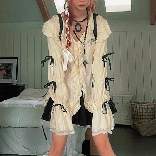 Karrram Y2K Ästhetik Spitze Hemd Grunge Gothic unregelmäßige Blusen Fee Harajuku Bandage Shirt Vintage Lolita Kleidung Einkaufs zentrum Goth - So ist Leben