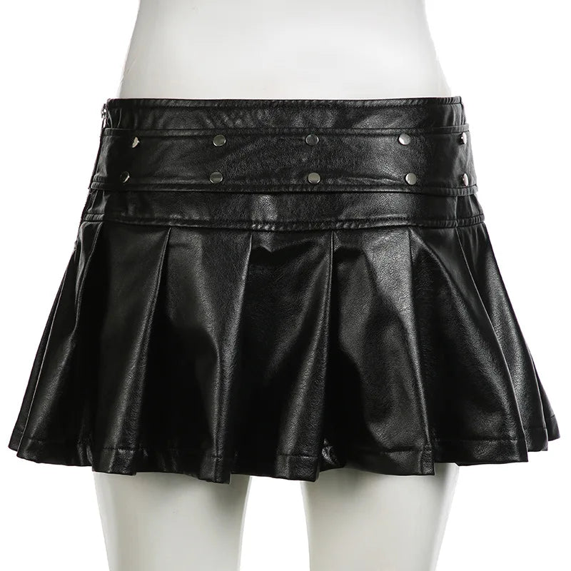 Goth Dark Punk Stil Niet Faux Pu Leder Falten röcke 90er Jahre Grunge Streetwear Frauen Einkaufs zentrum Gothic Drop A-Linie Minirock Reiß verschluss So ist Leben