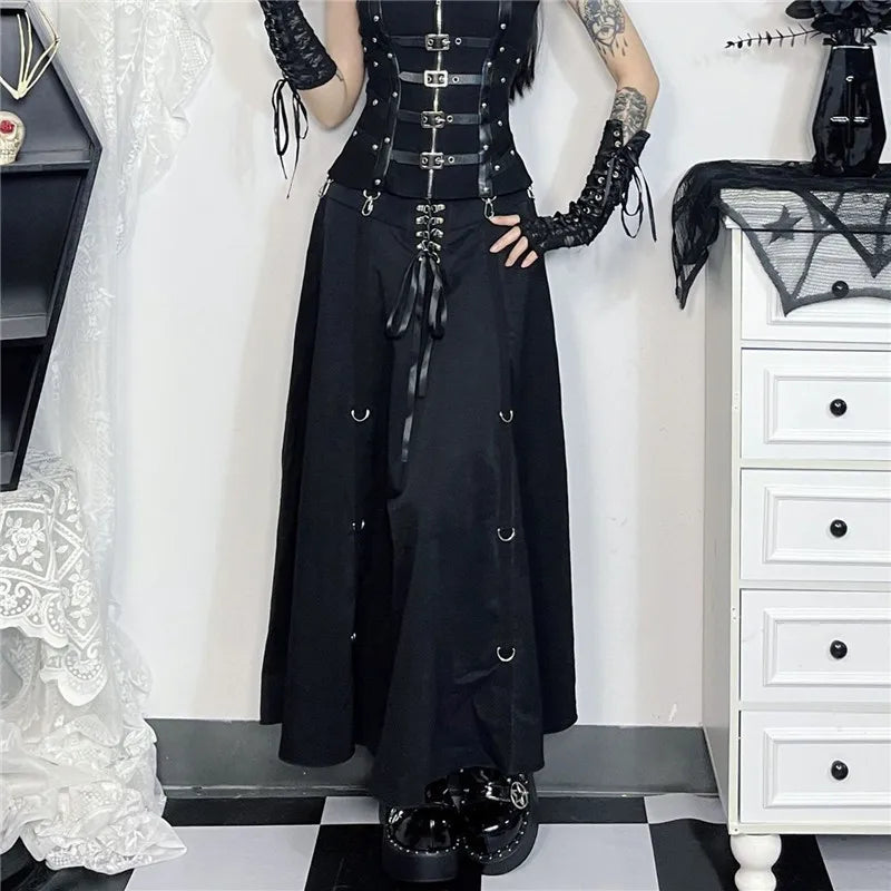 Goth Dark Acubi Mode Schwarz Swing A-linie Rock Punk Grunge Metall Schnalle Streetwear Frauen Bandage Röcke Mall Gothic Alt Tuch So ist Leben