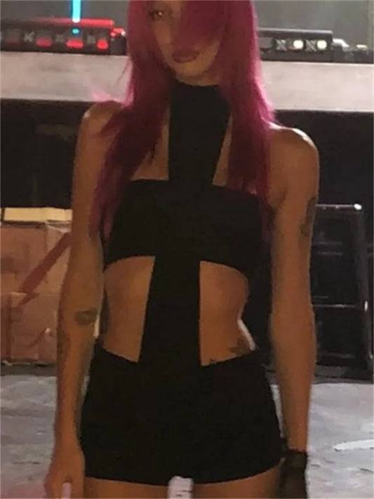 Seltsame Puss Sexy Halter Strampler Frauen Kreuz Hohl Taillen Ärmellose Trend Chic Hottie Solide Dünne Straße Clubwear Overall So ist Leben