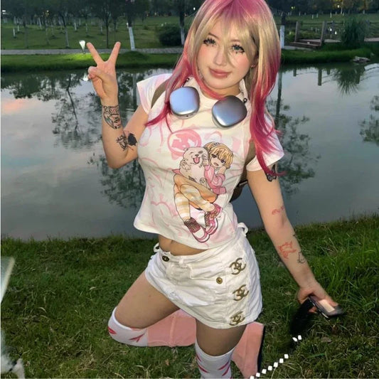 Deeptown Kawaii Y2k Harajuku T-shirt Japanischen Stil Sexy Rosa Crop Tops Slim Up Coquette Streetwear Casual Cutecore Sommer Tees