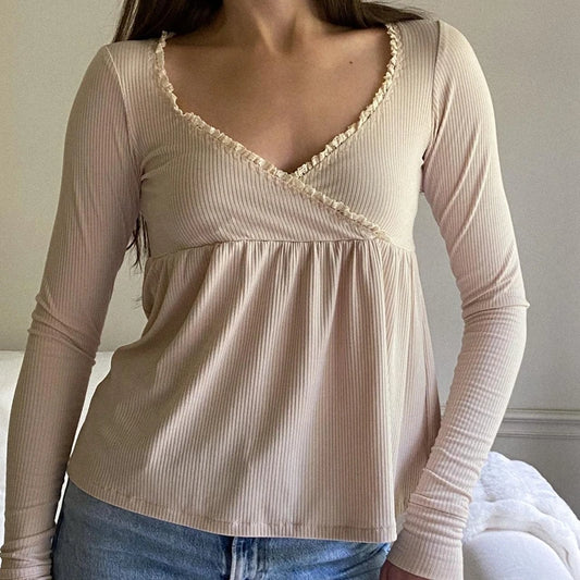 Coquette Vintage Milkmaid Pullover T-Shirts Süßes Y2K geripptes Babydoll Langarm Top Preppy Rüschenbesatz V-Ausschnitt T-Shirt Herbstkleidung So ist Leben