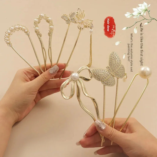U-förmige Haarnadel aus Metall, Perlen-Schmetterlings-Haar-Accessoire, neuer chinesischer Stil, antikes Gefühl, hochwertige florale Step-Rock-Haarnadel So ist Leben