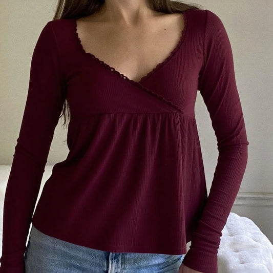 Coquette Vintage Milkmaid Pullover T-Shirts Süßes Y2K geripptes Babydoll Langarm Top Preppy Rüschenbesatz V-Ausschnitt T-Shirt Herbstkleidung So ist Leben