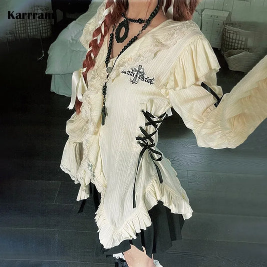 Karrram Y2K Ästhetik Spitze Hemd Grunge Gothic unregelmäßige Blusen Fee Harajuku Bandage Shirt Vintage Lolita Kleidung Einkaufs zentrum Goth - So ist Leben