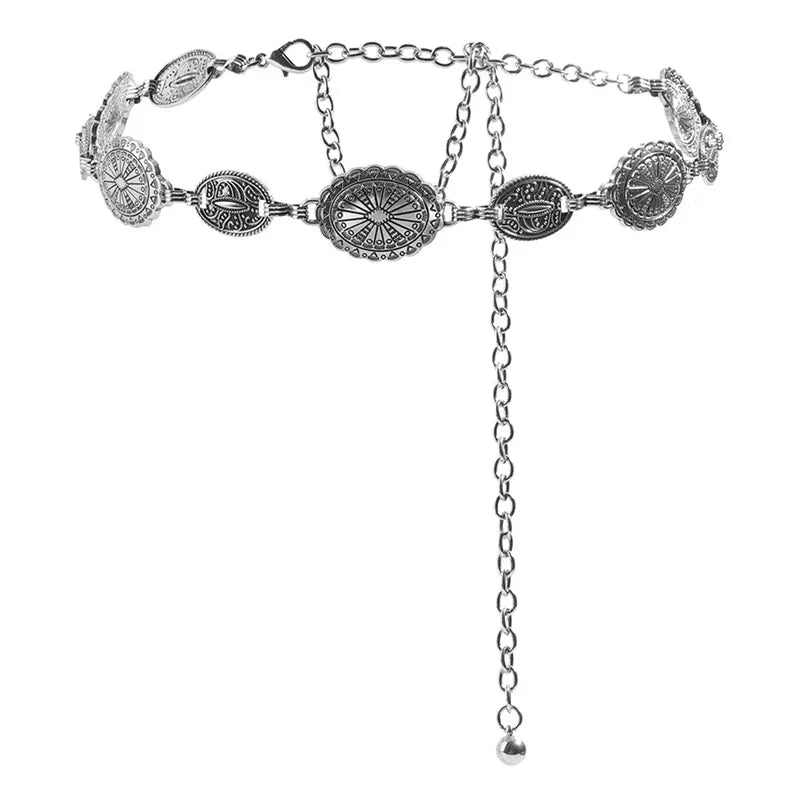 Damen-Taillenketten-Accessoires aus Metall im Retro-Stil. Dekorativer, kreisförmiger, geschnitzter Kettengürtel, Accessoires im hohen Stil So ist Leben