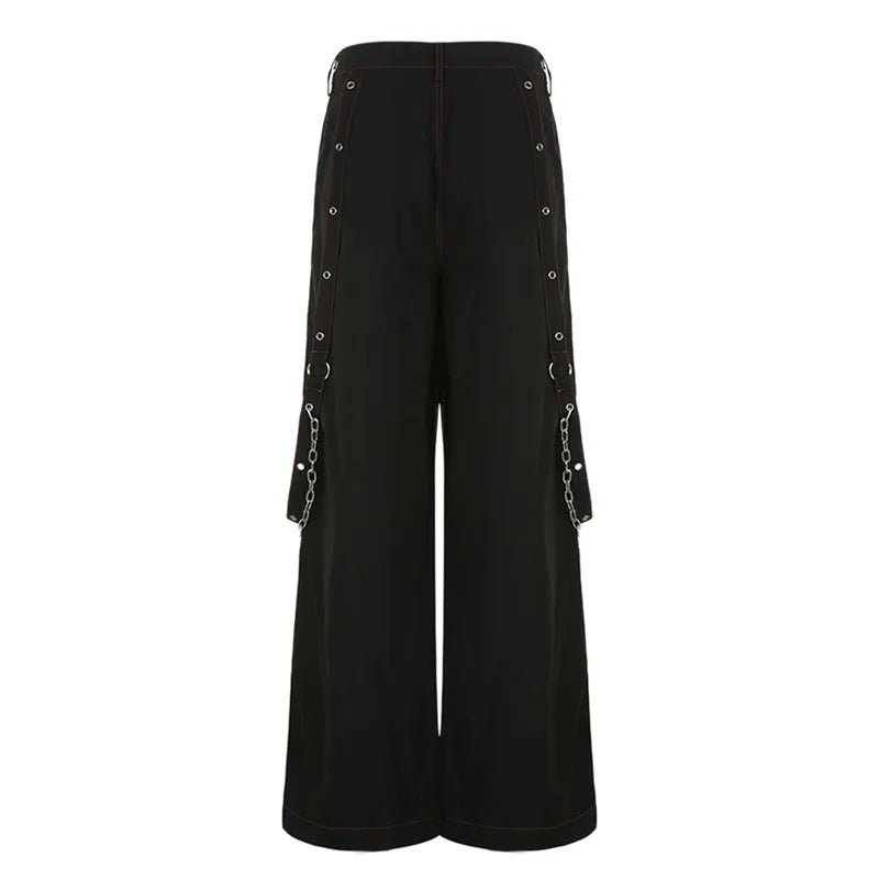 Gothic Frauen Punk Cargo Hosen Dark Academia Ästhetische Hohe Taille Baggy Hosen mit Taschen Grunge Streetwear Y2k So ist Leben